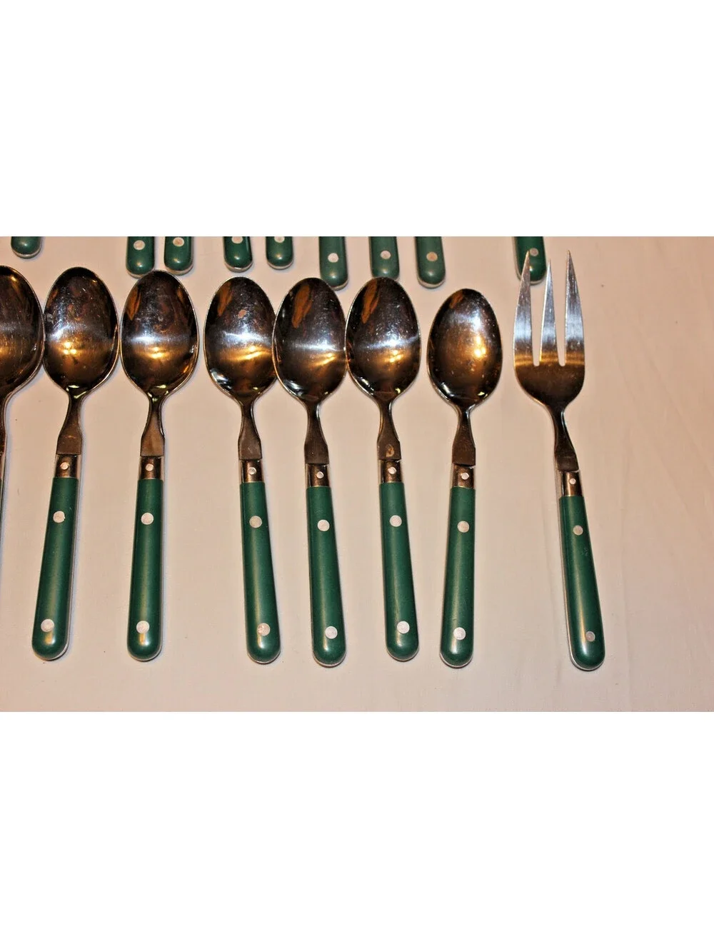 Vintage Mardi Gras Green Handle Stainless Flatware 35 Pc Lot WF China Retro